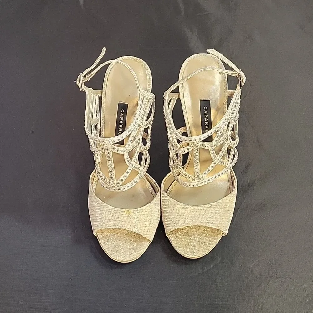 CAPARROS SILVER RHINESTONE EMBELLISHED PEEP TOE ANKLE STRAP HIGH HEEL SANDAL G1